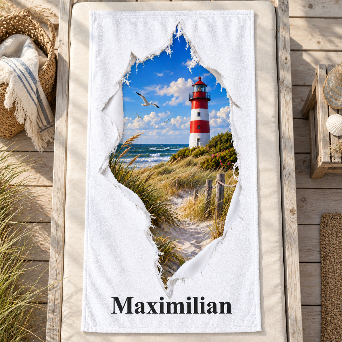 Handtuch mit Ostsee-Leuchtturm in Rissoptik und Wunschname, flach ausgelegt in Urlaubsumgebung