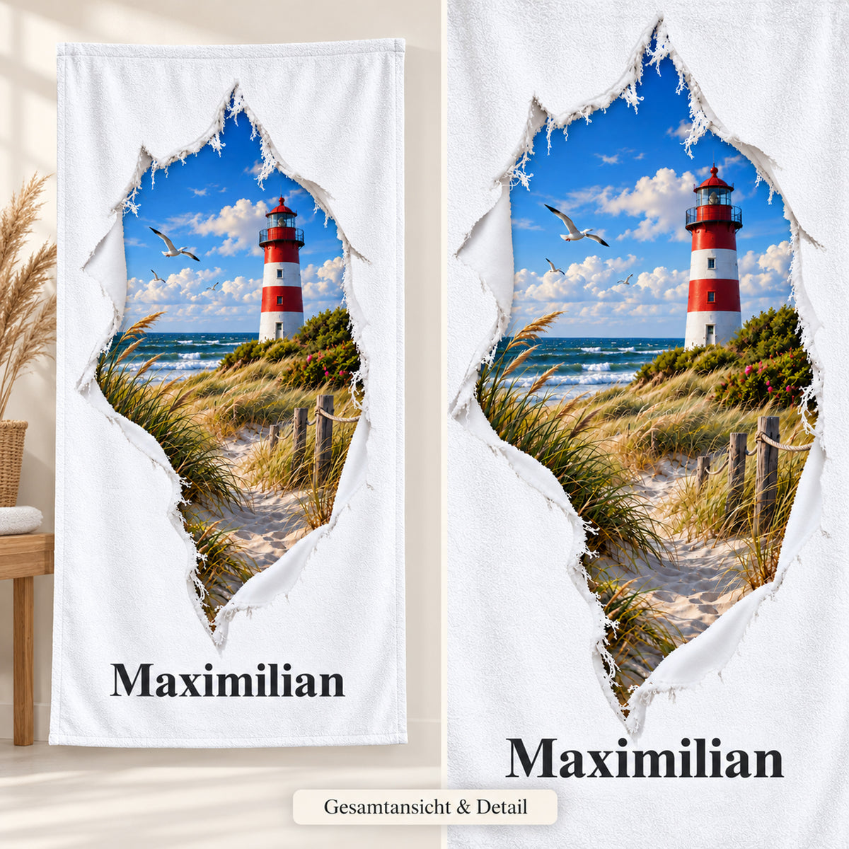 Handtuch mit Ostsee-Leuchtturm in Rissoptik und Wunschname, in Gesamtansicht und Druckdetail