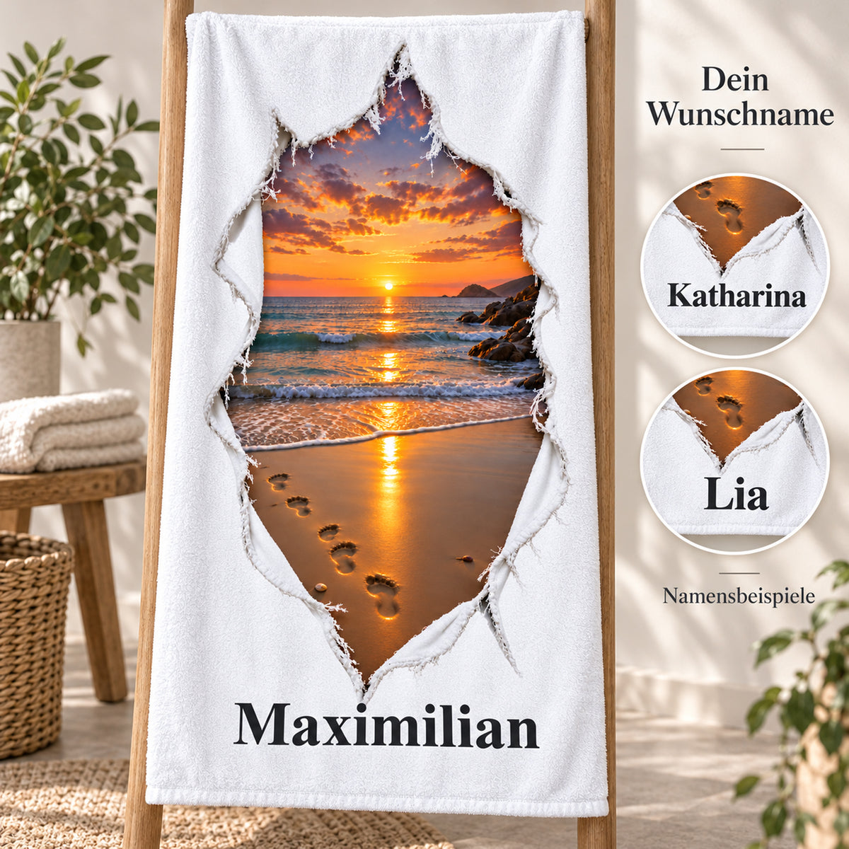 Handtuch mit Sonnenuntergang am Meer in Rissoptik und Wunschname, mit kreisförmigen Namensdetails