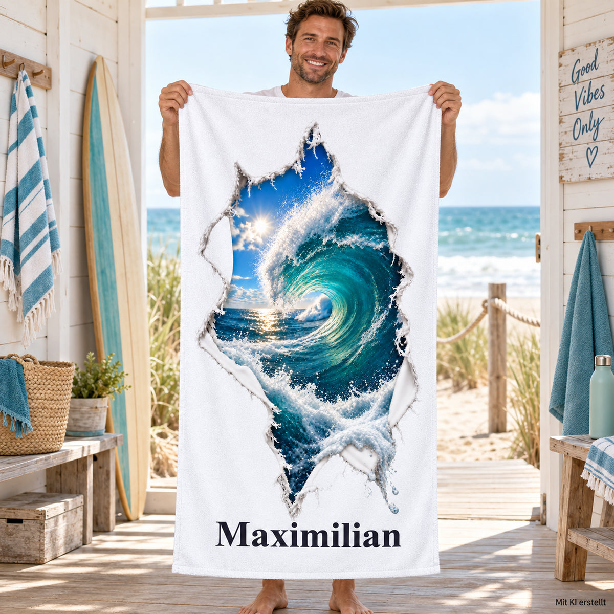 Handtuch mit Surfwelle in Rissoptik und Wunschname, von einer Person im Urlaub gezeigt