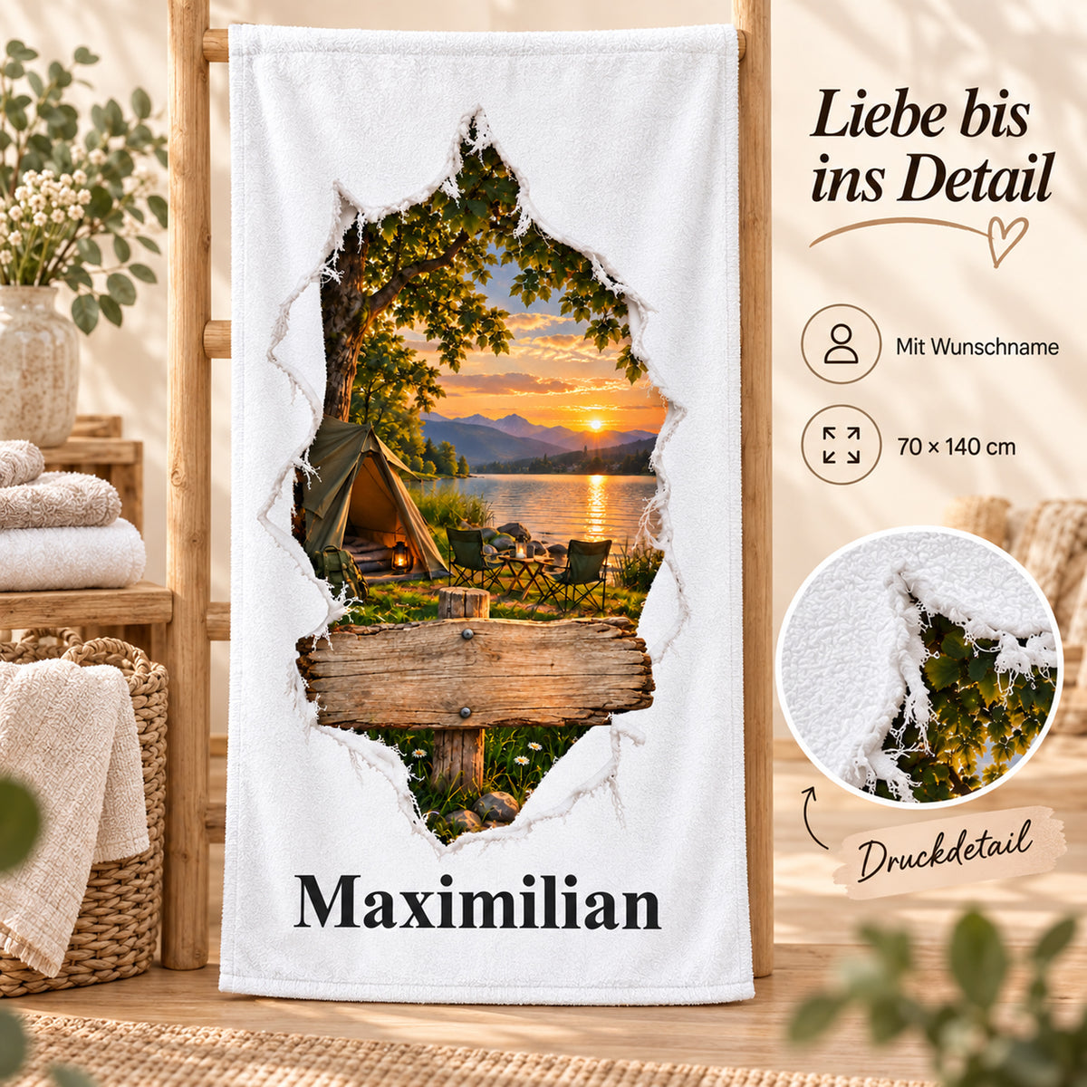 Handtuch mit Campingplatz am See in Rissoptik und Wunschname, mit Druckdetail und Größenangabe