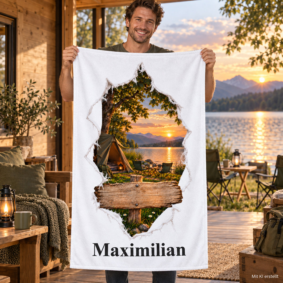 Handtuch mit Campingplatz am See in Rissoptik und Wunschname, von einer Person im Urlaub gezeigt