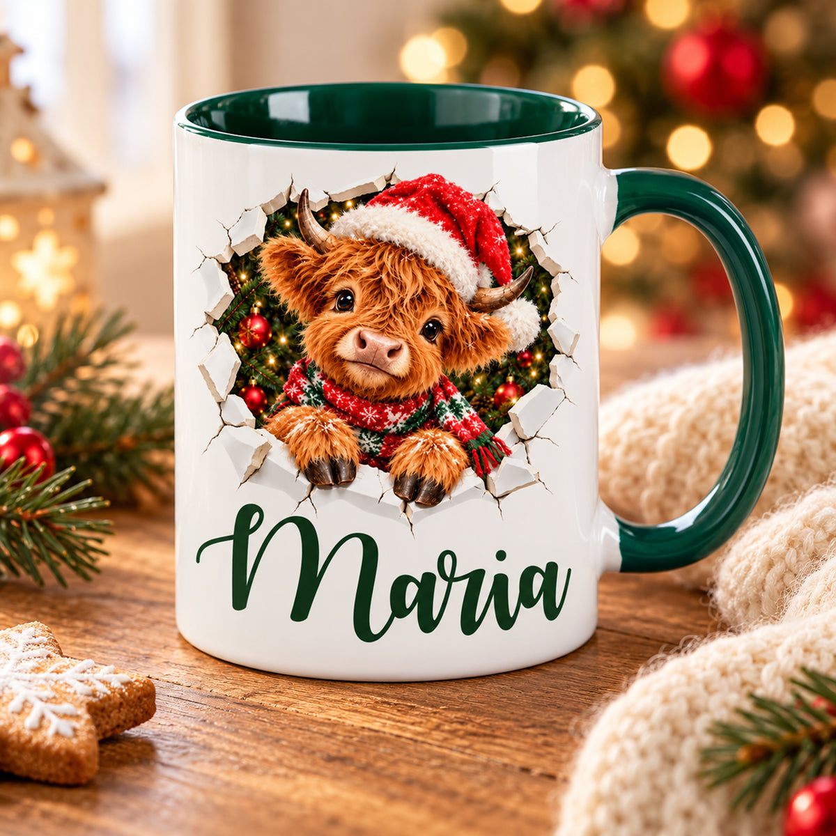 Personalisierte Weihnachtstasse mit Hochlandrind-Motiv und grünem Henkel in einer weihnachtlichen Wohnszene