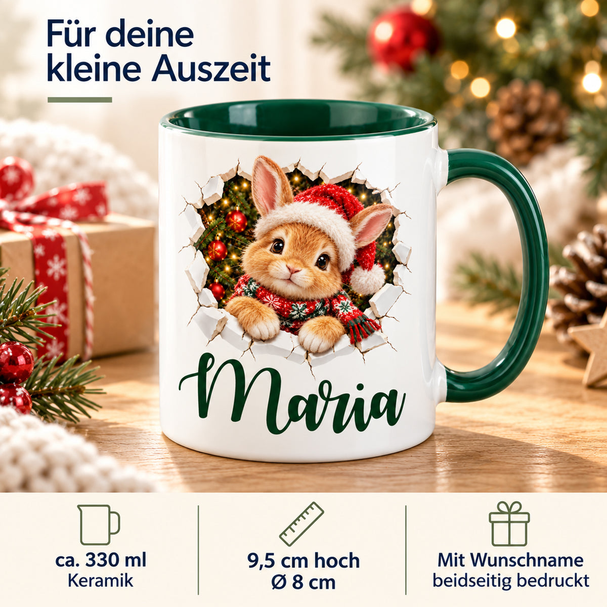 Produktdetails der personalisierten Keramiktasse mit Hase-Motiv, grünem Henkel und ca. 330 ml Inhalt