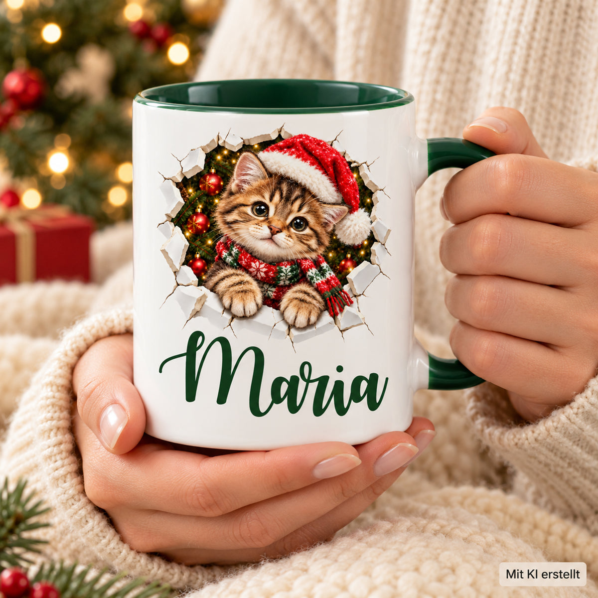 Hände halten die grüne Weihnachtstasse mit personalisiertem Katze-Motiv in gedruckter Bruch-Optik