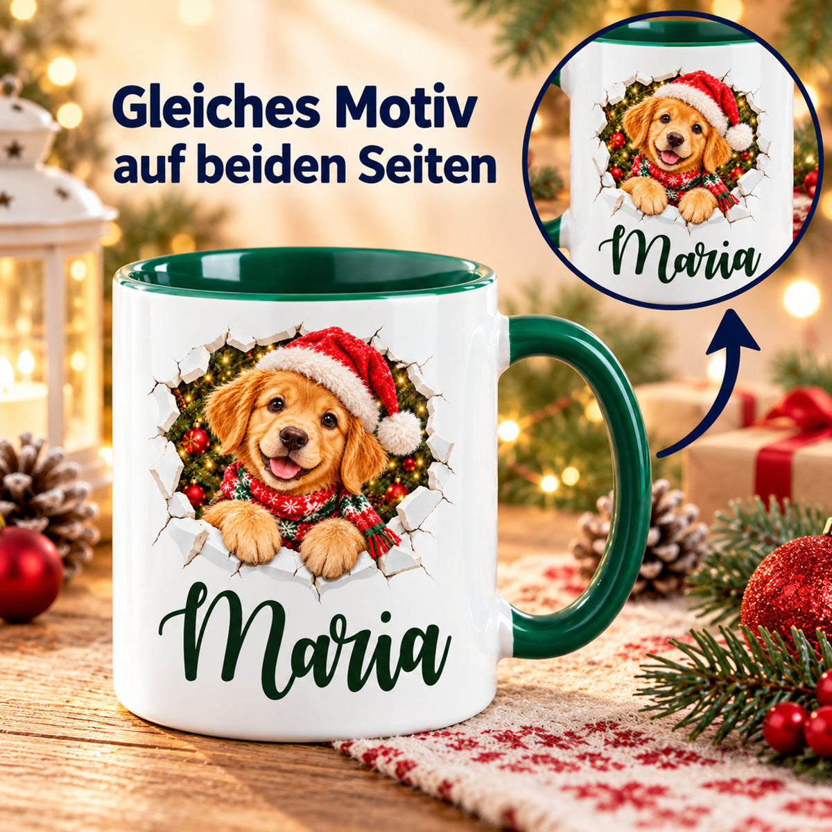 Zwei Ansichten der Tasse zeigen auf beiden Seiten dasselbe weihnachtliche Hund-Motiv und denselben Wunschnamen