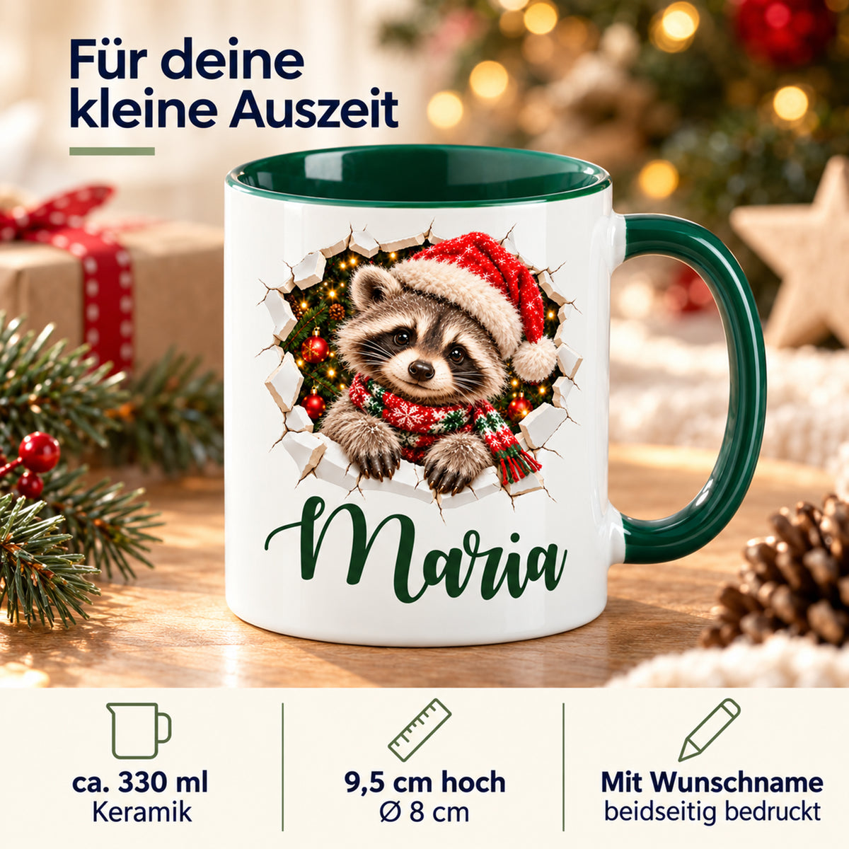 Produktdetails der personalisierten Keramiktasse mit Waschbär-Motiv, grünem Henkel und ca. 330 ml Inhalt