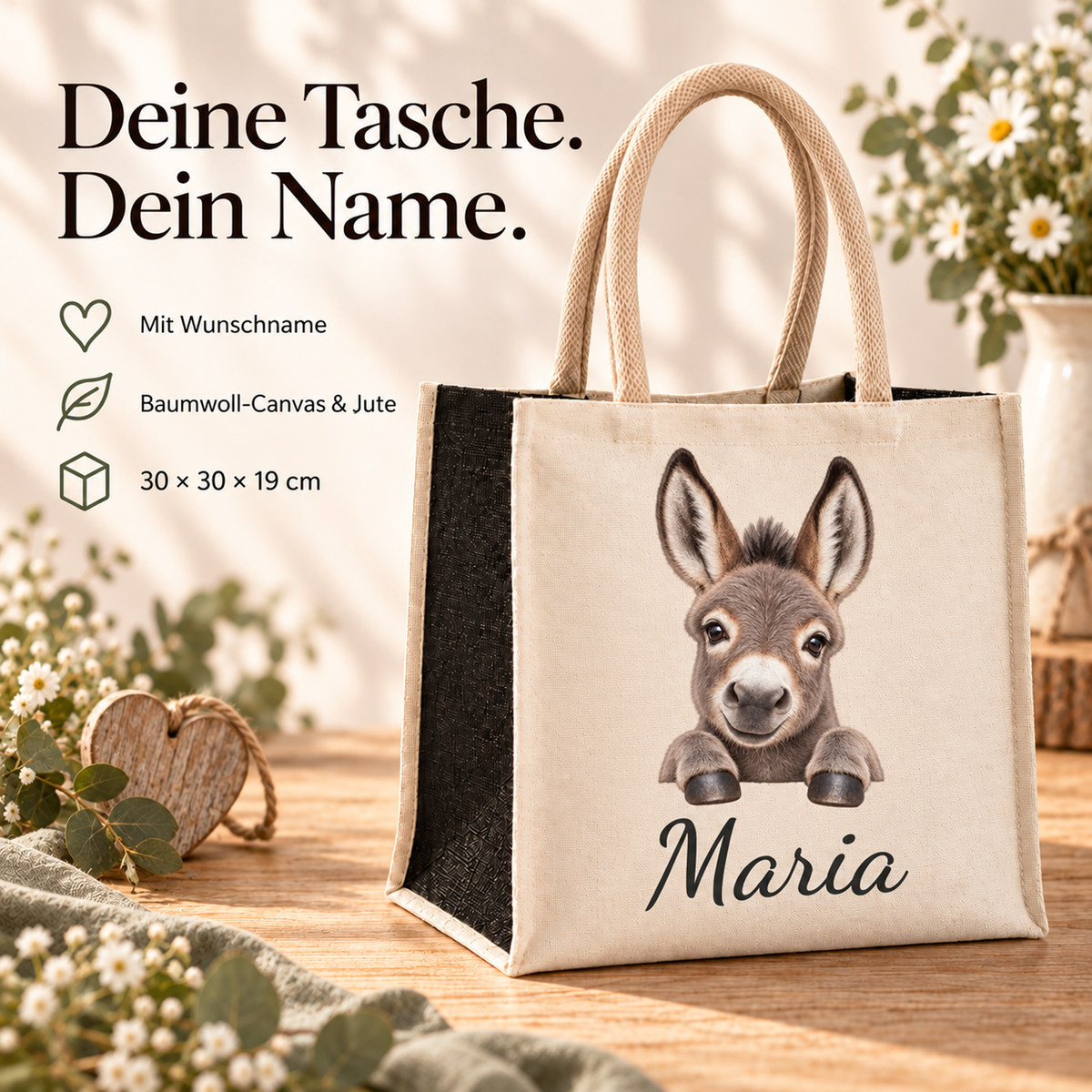 Einkaufstasche mit Esel-Motiv, Wunschname und erklärten Produkteigenschaften