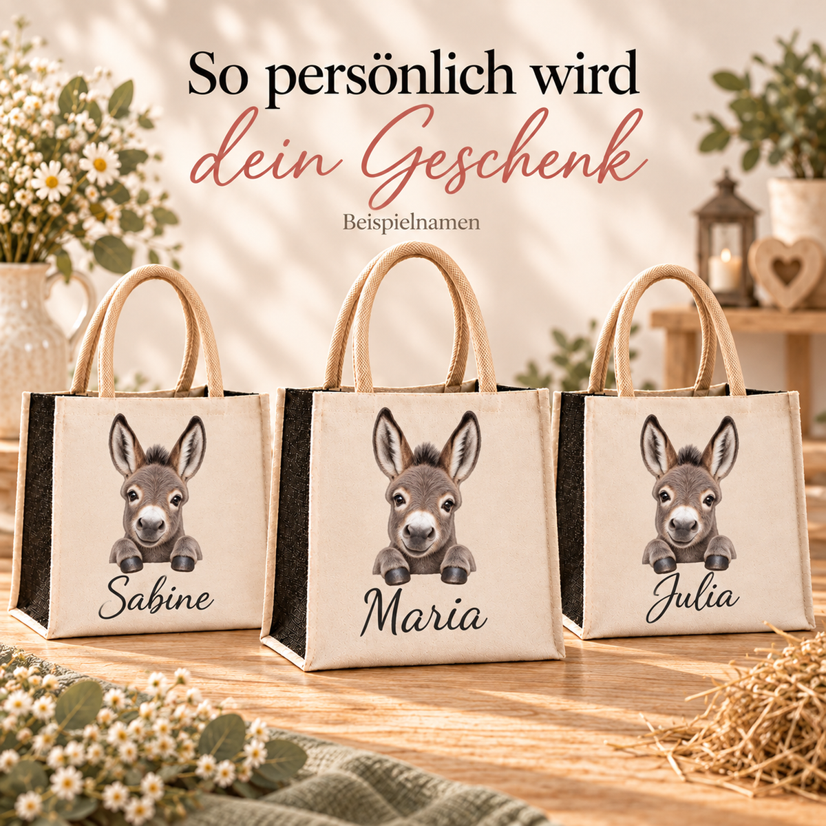 Einkaufstaschen mit gleichem Esel-Motiv und unterschiedlichen Wunschnamen
