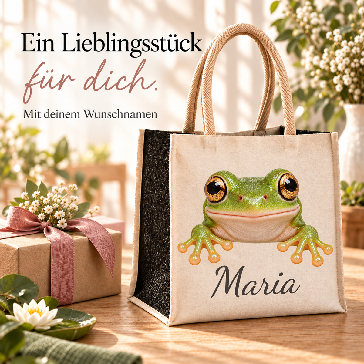 Personalisierte Einkaufstasche mit Frosch-Motiv in einer Geschenkszene