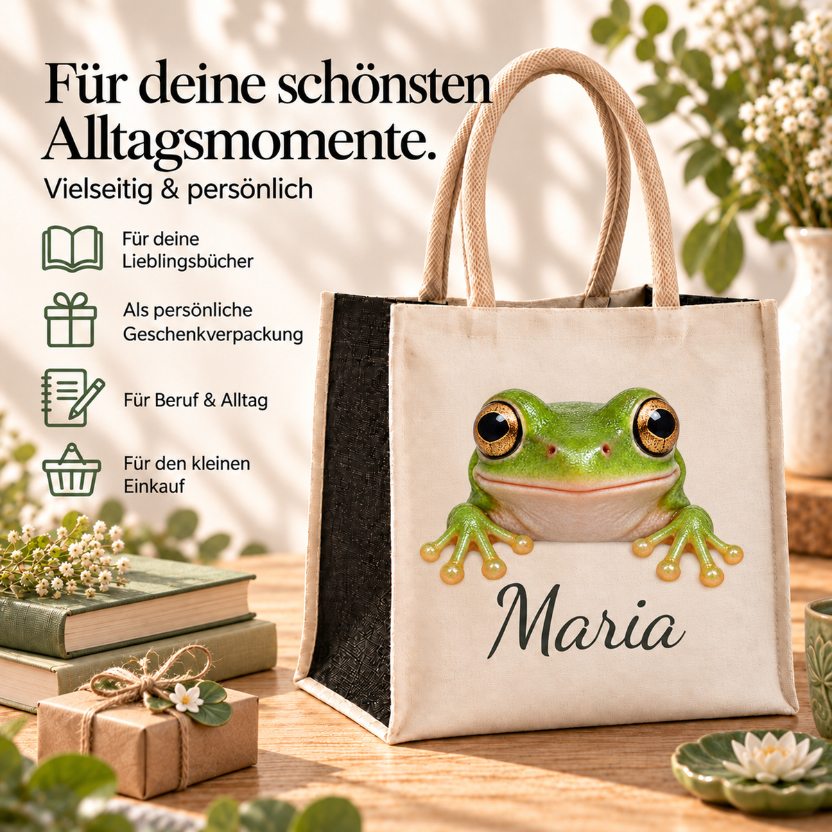 Personalisierte Einkaufstasche mit Frosch-Motiv in einer Alltagsszene