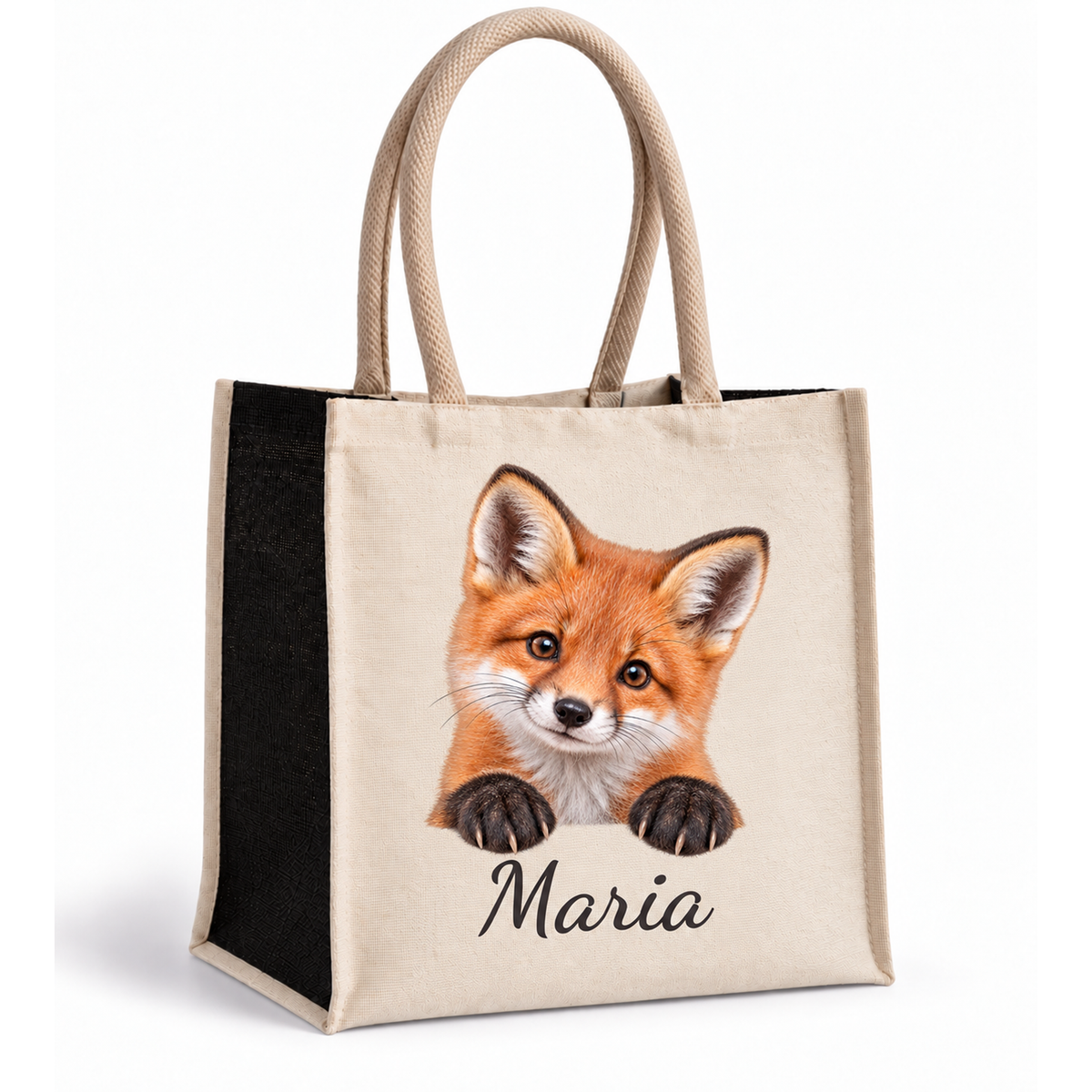 Personalisierte Einkaufstasche mit Fuchs-Motiv, Wunschname und schwarzen Seiten