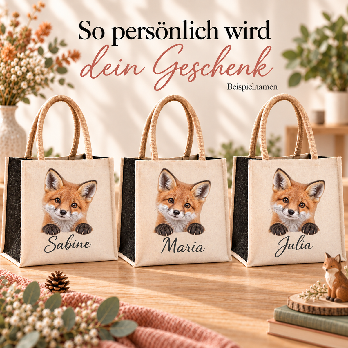Einkaufstaschen mit gleichem Fuchs-Motiv und unterschiedlichen Wunschnamen