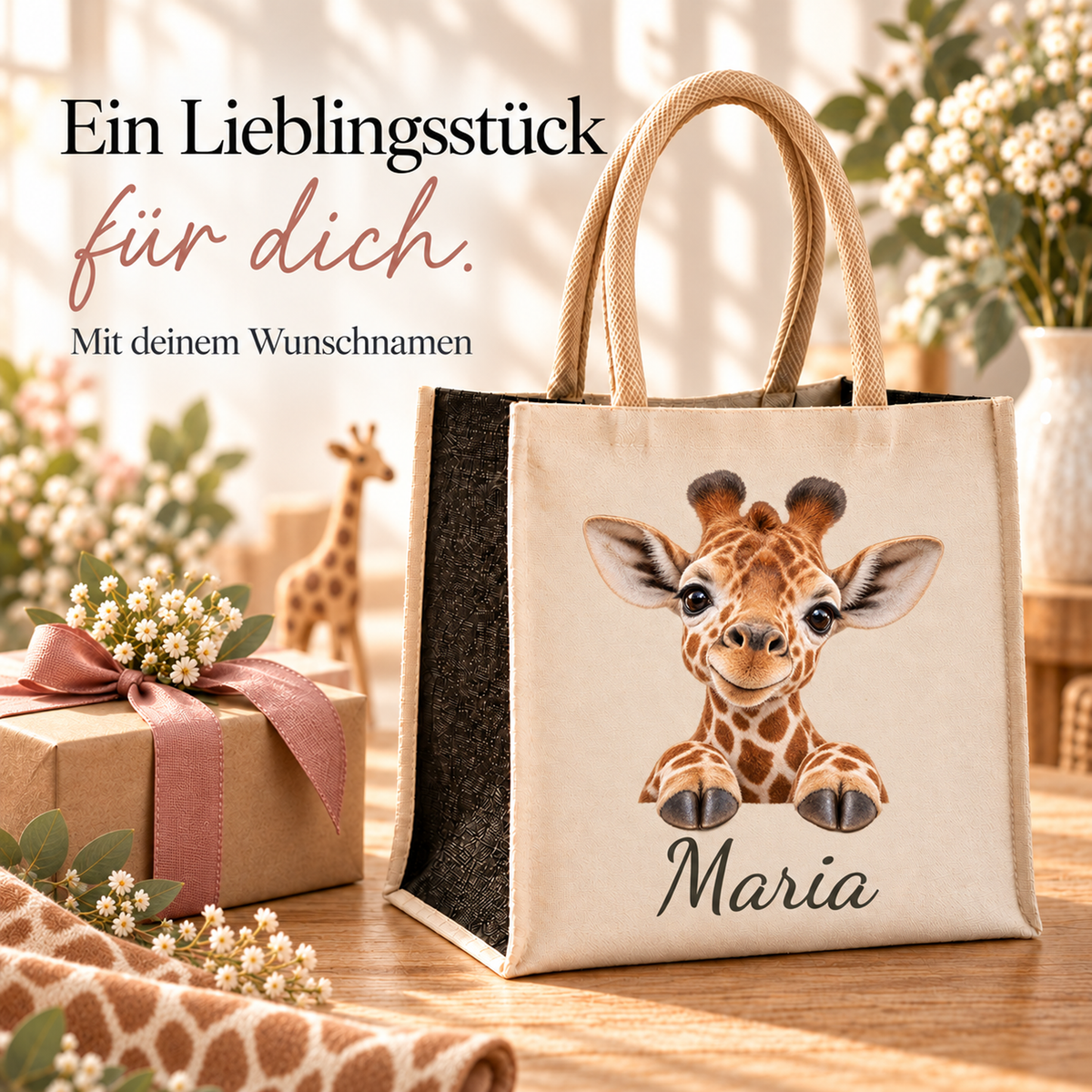 Personalisierte Einkaufstasche mit Giraffe-Motiv in einer Geschenkszene