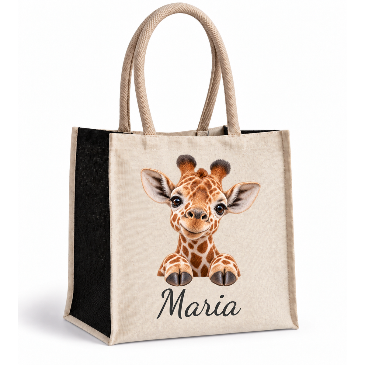 Personalisierte Einkaufstasche mit Giraffe-Motiv, Wunschname und schwarzen Seiten