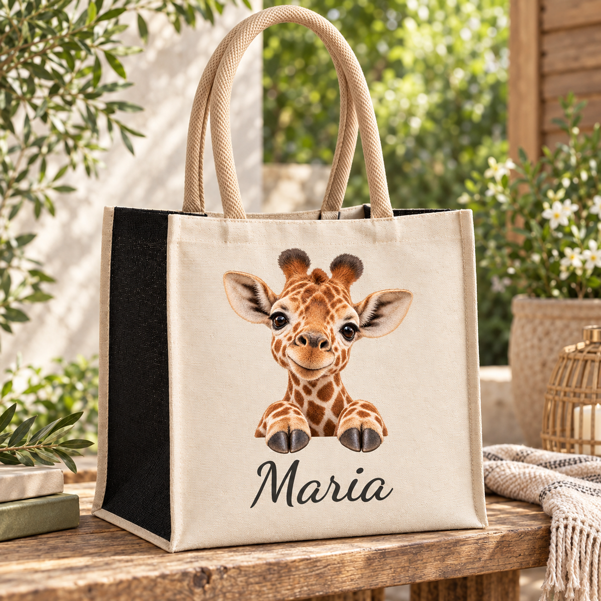 Personalisierte Giraffe-Einkaufstasche auf einer Holzbank
