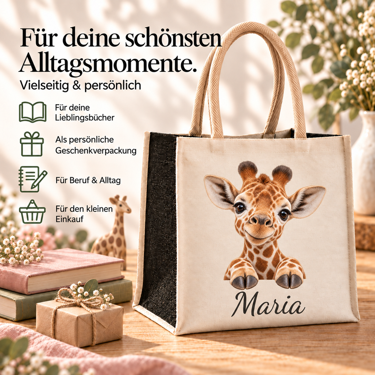 Personalisierte Einkaufstasche mit Giraffe-Motiv in einer Alltagsszene