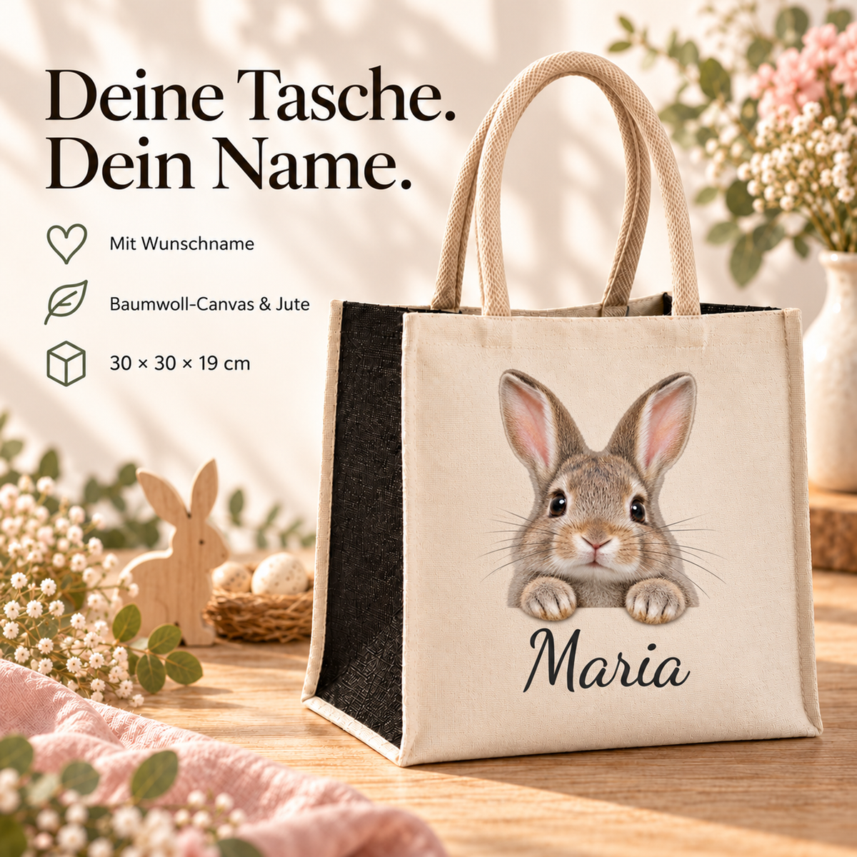Einkaufstasche mit Hase-Motiv, Wunschname und erklärten Produkteigenschaften