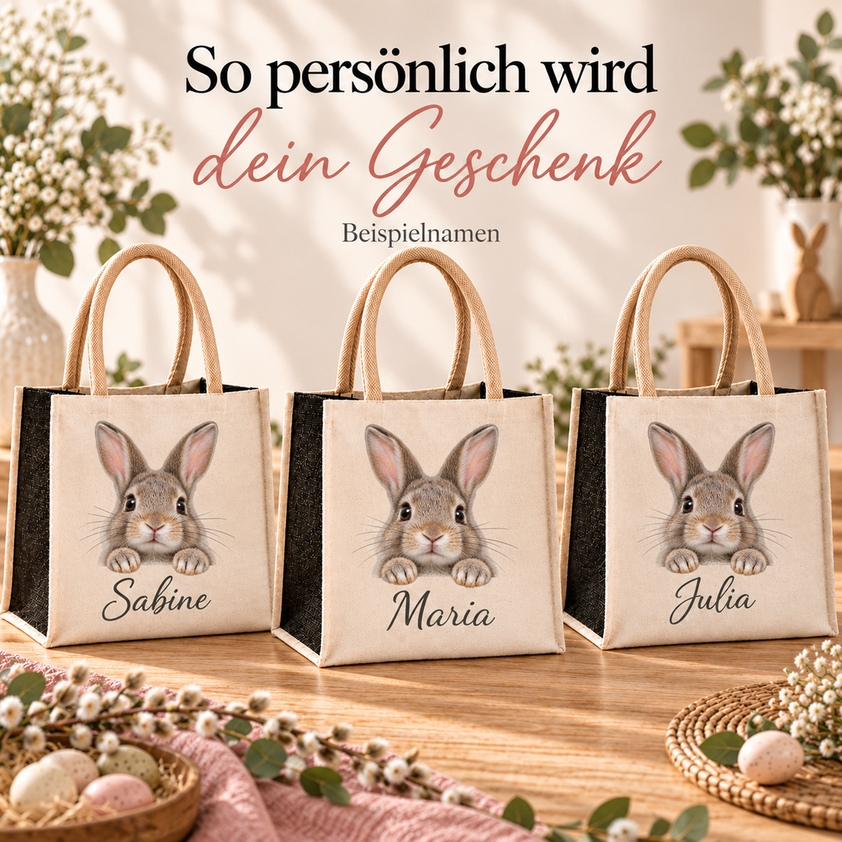Einkaufstaschen mit gleichem Hase-Motiv und unterschiedlichen Wunschnamen