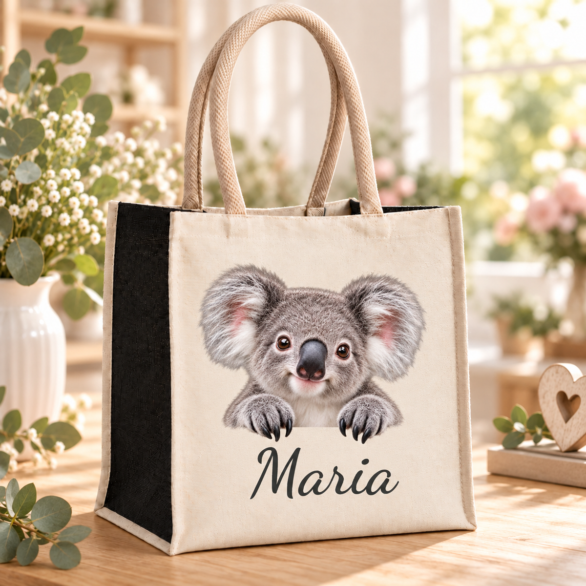 Einkaufstasche mit Koala-Motiv und Wunschname im Blumenatelier