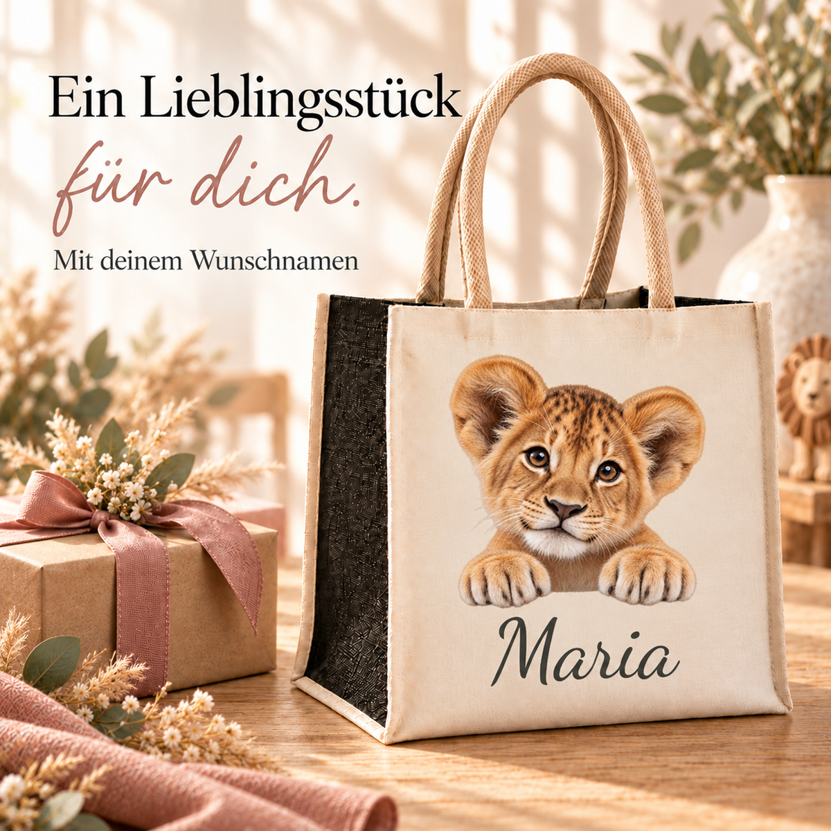 Personalisierte Einkaufstasche mit Löwe-Motiv in einer Geschenkszene