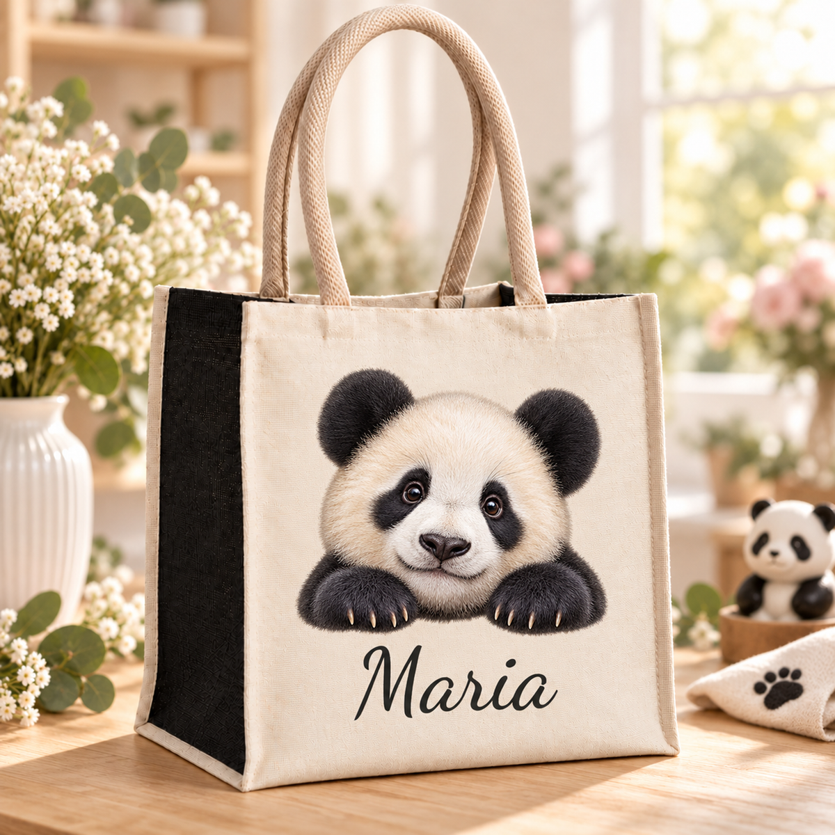 Einkaufstasche mit Panda-Motiv und Wunschname im Blumenatelier