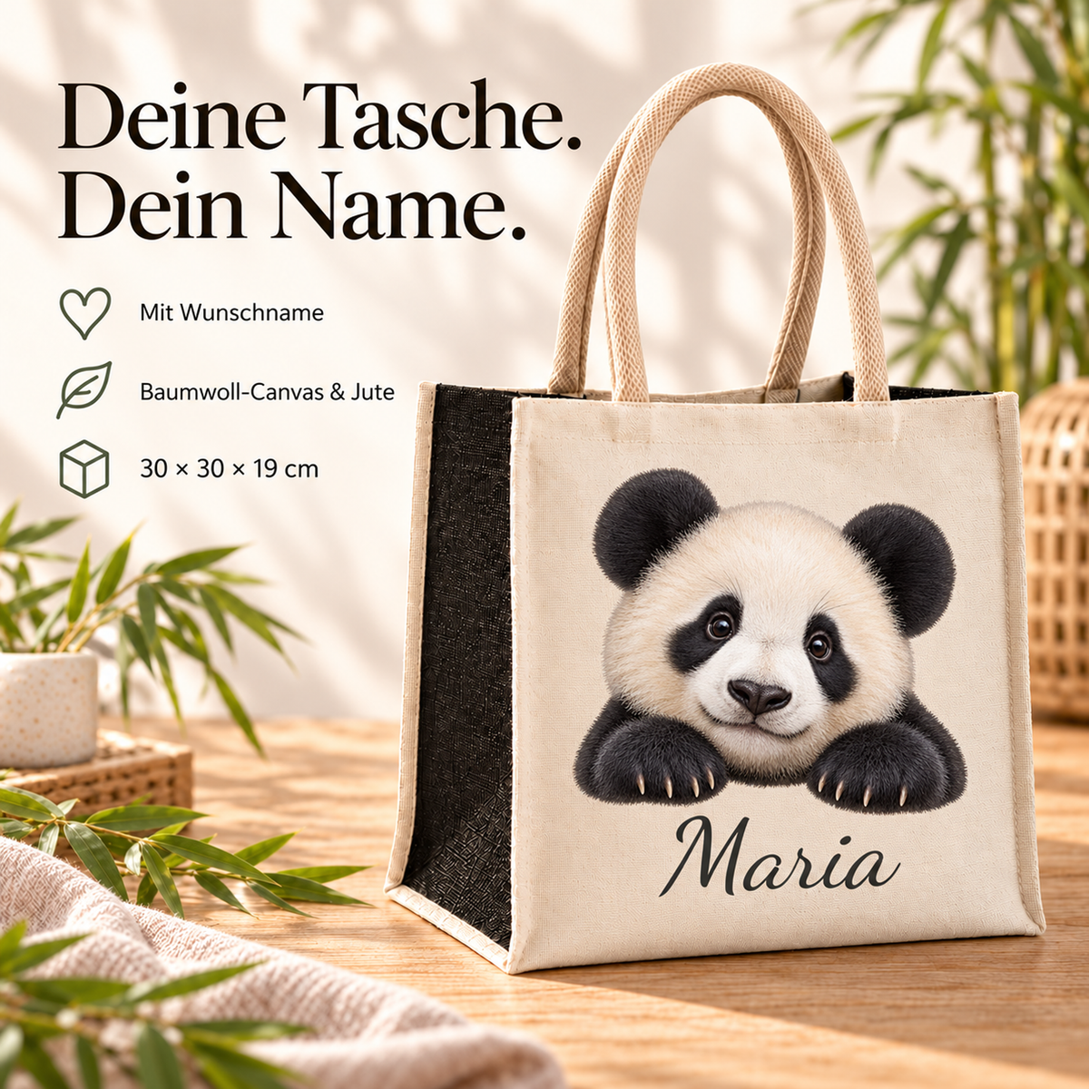 Einkaufstasche mit Panda-Motiv, Wunschname und erklärten Produkteigenschaften