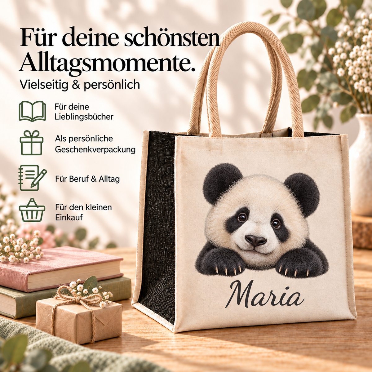 Personalisierte Einkaufstasche mit Panda-Motiv in einer Alltagsszene