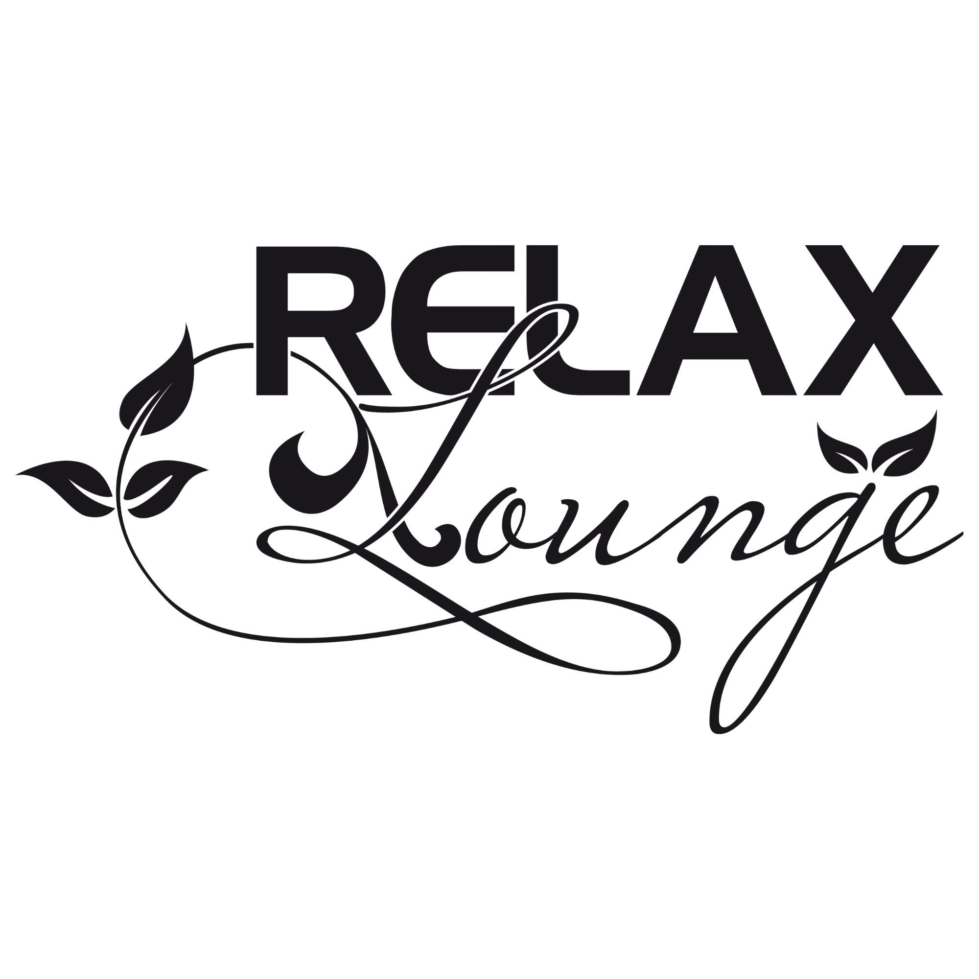 Schriftzug "RELAX Lounge" in Schwarz mit Pflanzenmotiven.