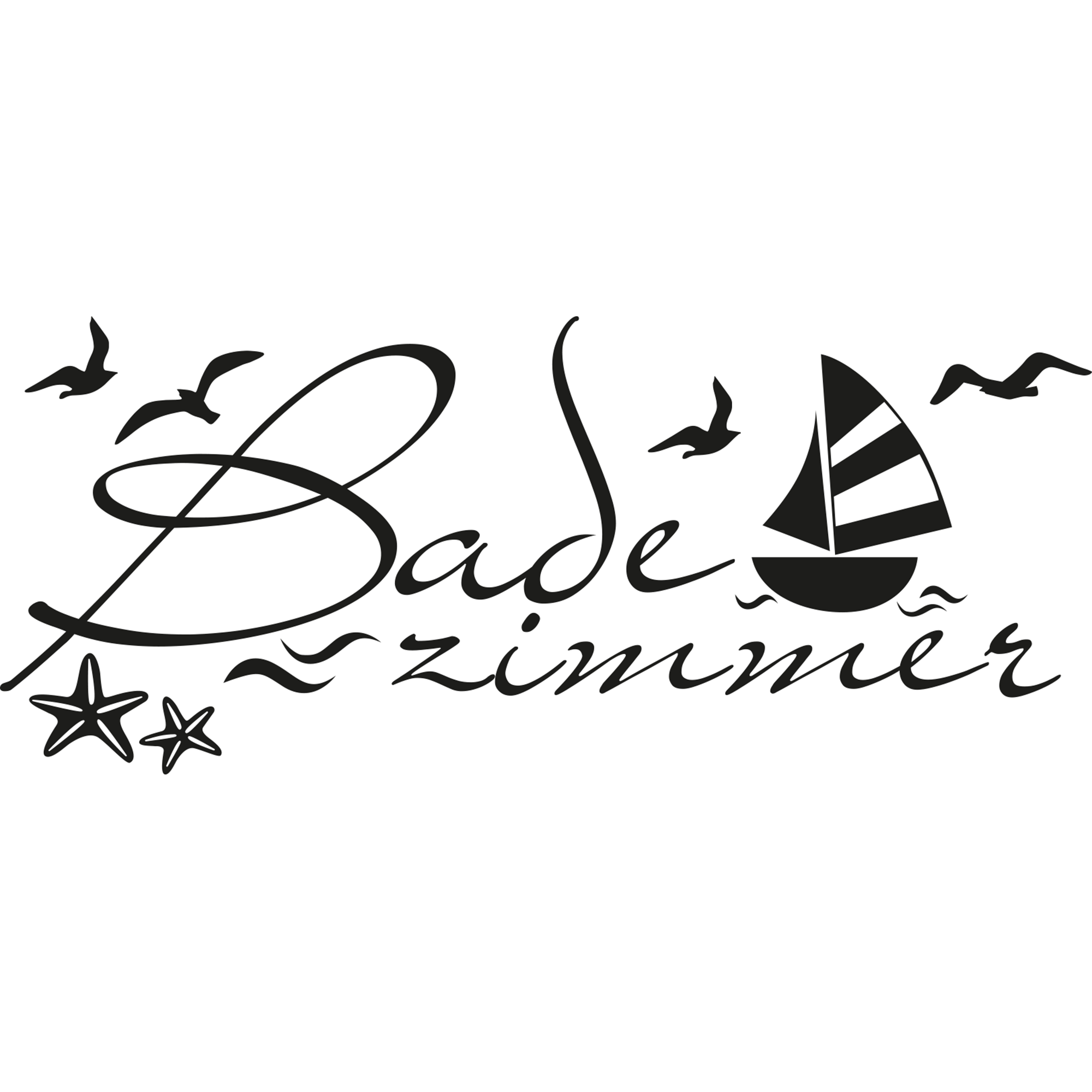 Wandtattoo Badezimmer mit Segelboot und Vögeln, schwarz.