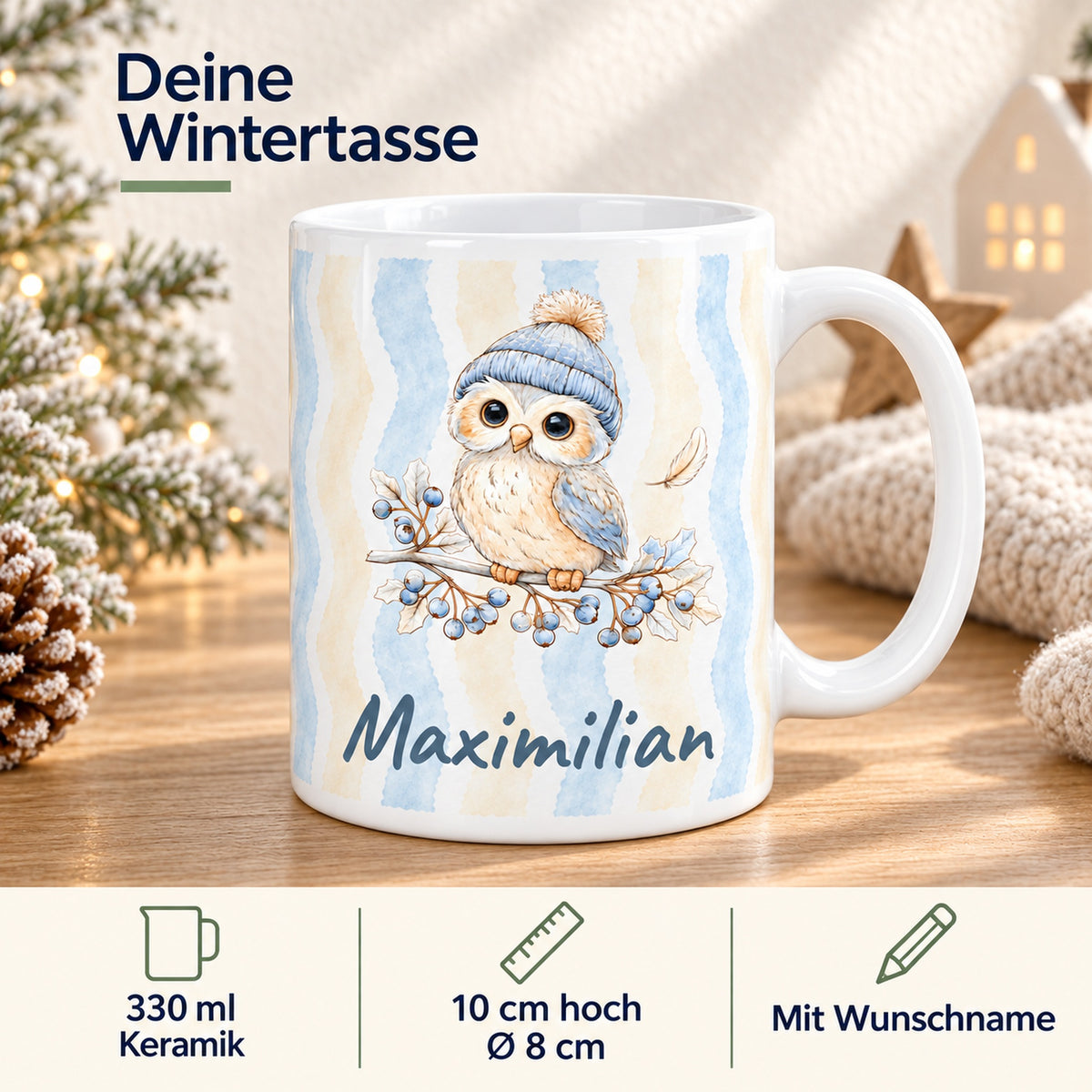 Personalisierte Wintertasse mit Eule – features