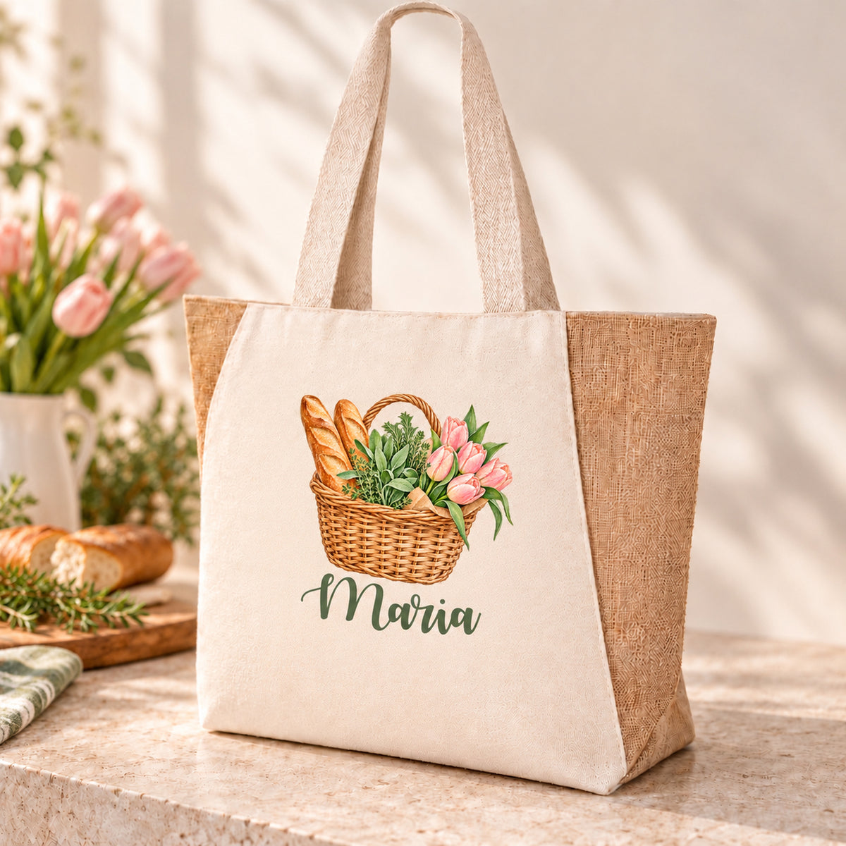 Shopper Sharma mit Tulpen, Kräuter & Baguette und Wunschname – Produktansicht mit personalisiertem Aquarell-Korbmotiv.