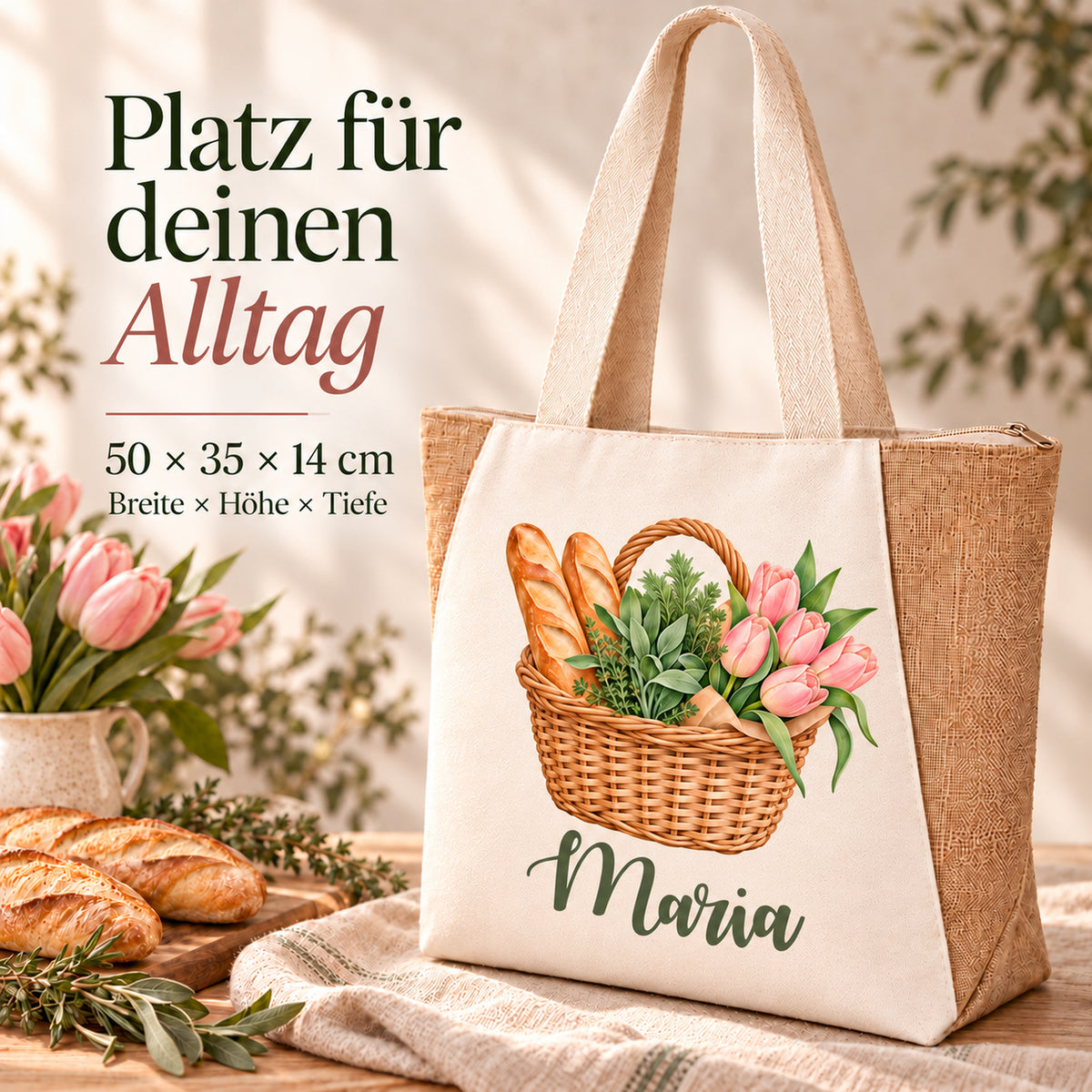 Shopper Sharma mit Tulpen, Kräuter & Baguette und Wunschname – Maßübersicht zur Tasche mit 50 × 35 × 14 cm.
