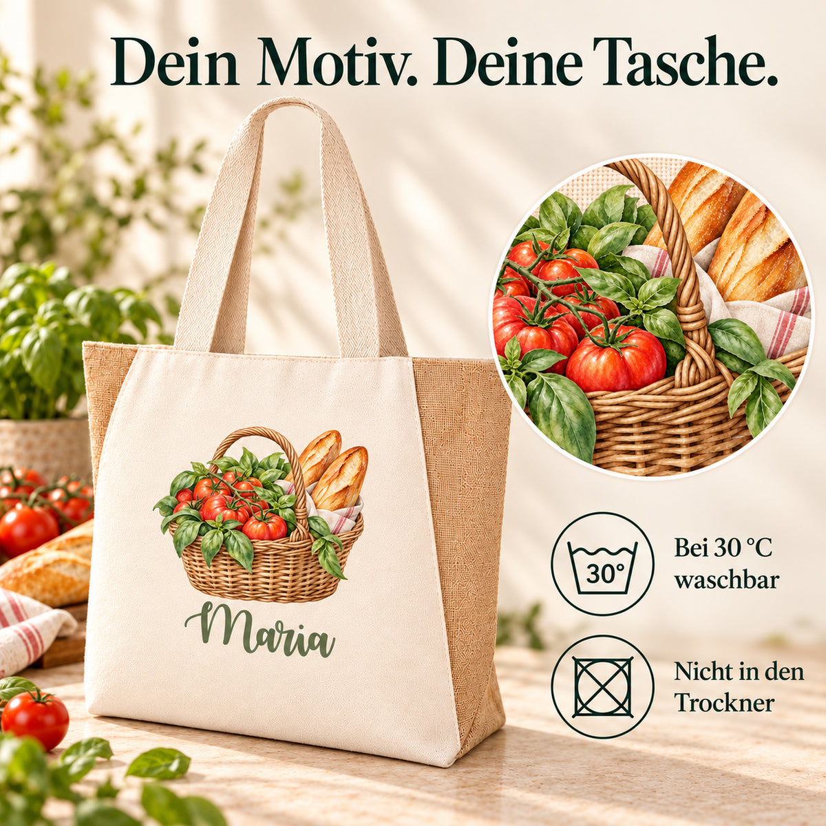 Shopper Sharma mit Tomaten, Basilikum & Baguette und Wunschname – Pflegehinweis: bei 30 °C waschbar, nicht im Trockner trocknen.