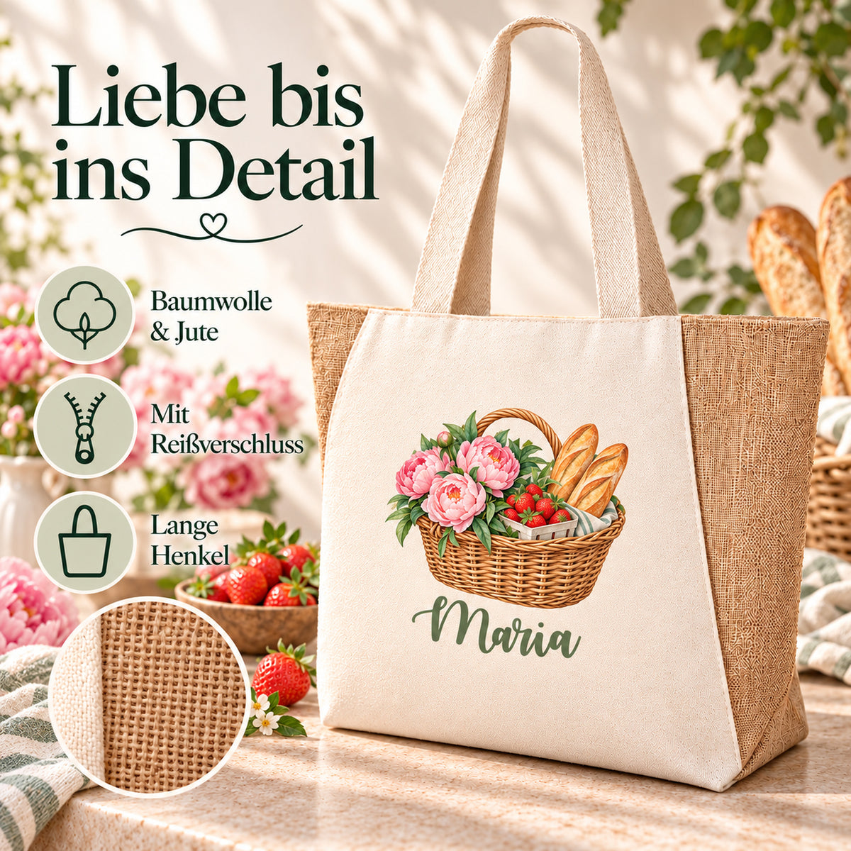 Shopper Sharma mit Erdbeeren, Pfingstrosen & Baguette und Wunschname – Übersicht der Taschendetails aus Baumwolle und Jute mit Reißverschluss.