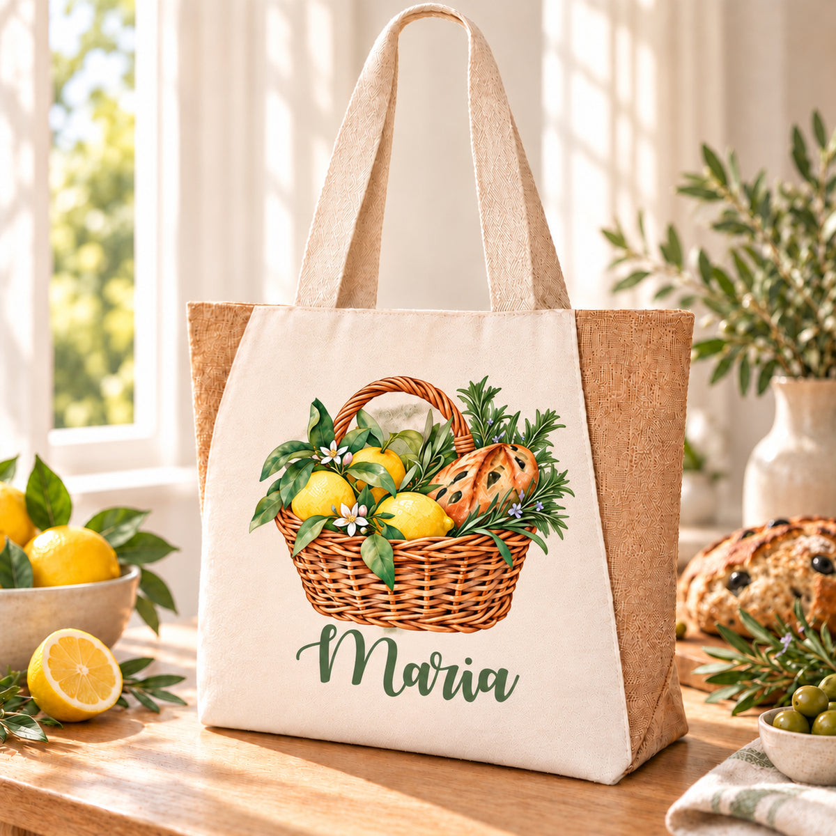 Shopper Sharma mit Zitronen, Rosmarin & Olivenbrot und Wunschname – Ansicht des Aquarell-Korbmotivs und des Beispielnamens Maria.