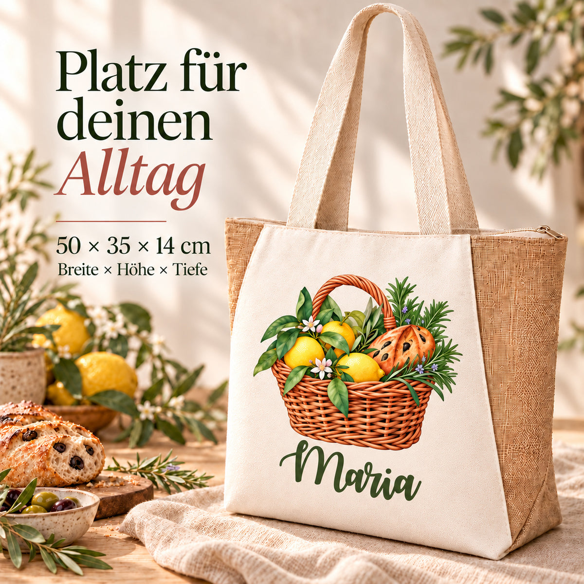 Shopper Sharma mit Zitronen, Rosmarin & Olivenbrot und Wunschname – Maßübersicht zur Tasche mit 50 × 35 × 14 cm.