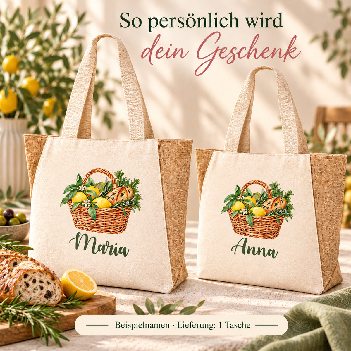 Shopper Sharma mit Zitronen, Rosmarin & Olivenbrot und Wunschname – Darstellung des Wunschnamens unter dem Korbmotiv.