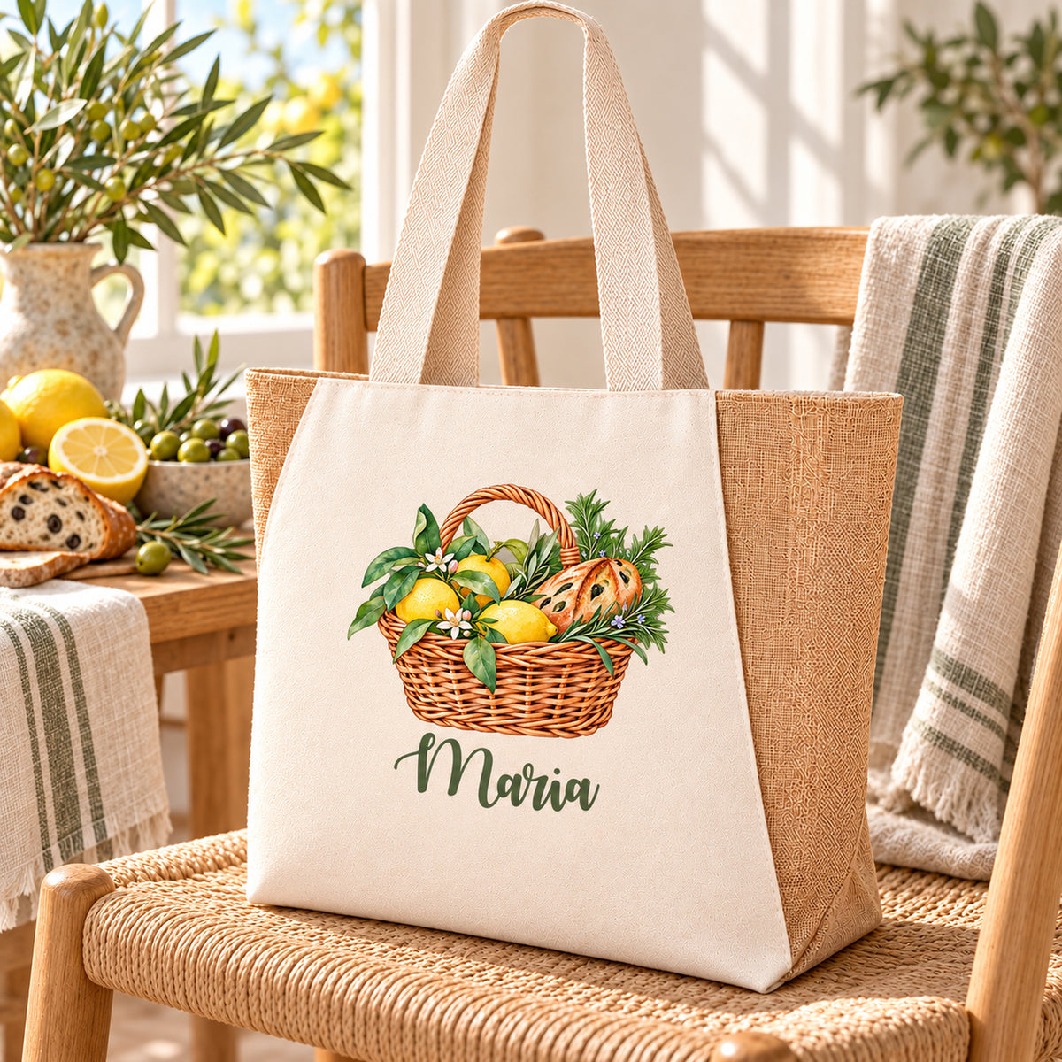Shopper Sharma mit Zitronen, Rosmarin & Olivenbrot und Wunschname – Lifestyle-Ansicht der personalisierten Markttasche.