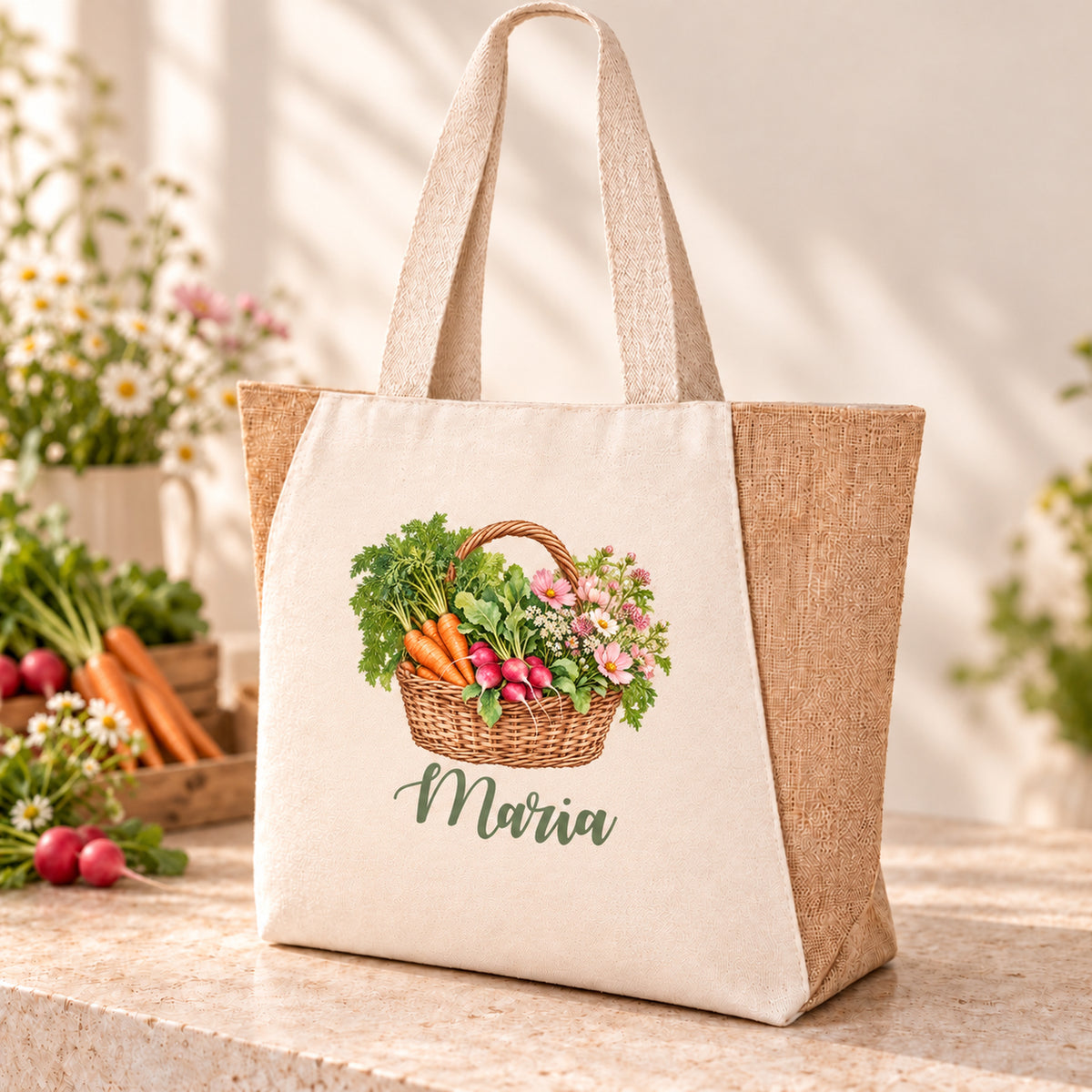 Shopper Sharma mit Radieschen, Möhren & Wiesenblumen und Wunschname – Produktansicht mit personalisiertem Aquarell-Korbmotiv.