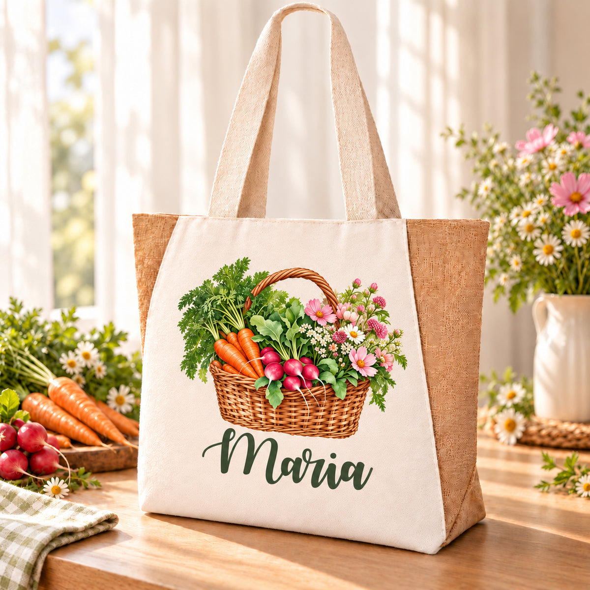 Shopper Sharma mit Radieschen, Möhren & Wiesenblumen und Wunschname – Ansicht des Aquarell-Korbmotivs und des Beispielnamens Maria.