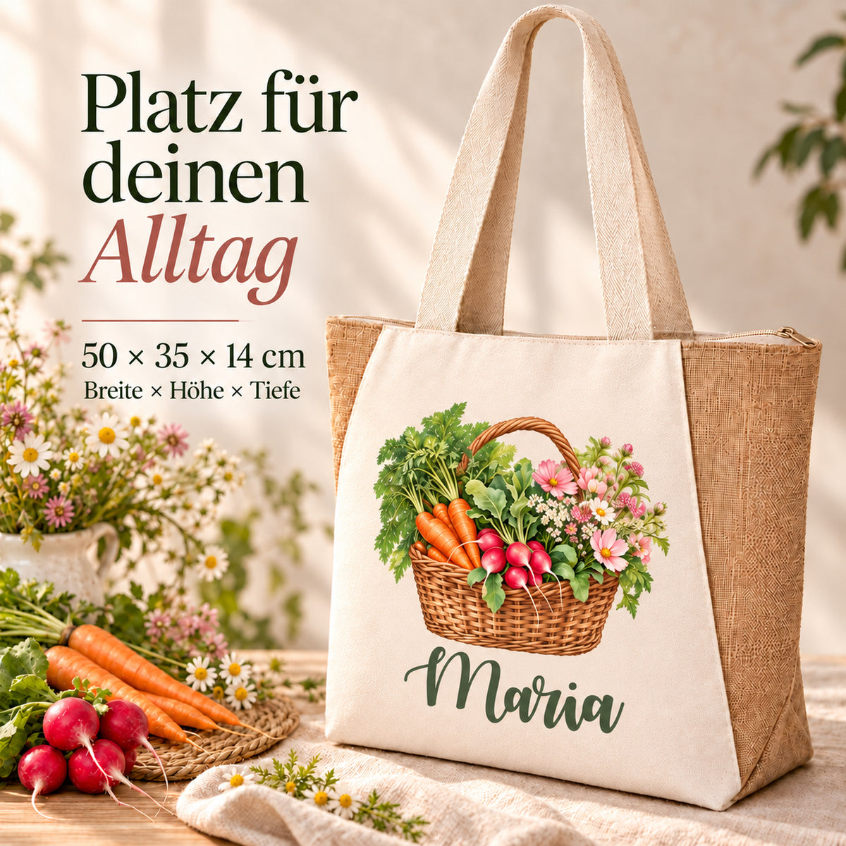 Shopper Sharma mit Radieschen, Möhren & Wiesenblumen und Wunschname – Maßübersicht zur Tasche mit 50 × 35 × 14 cm.