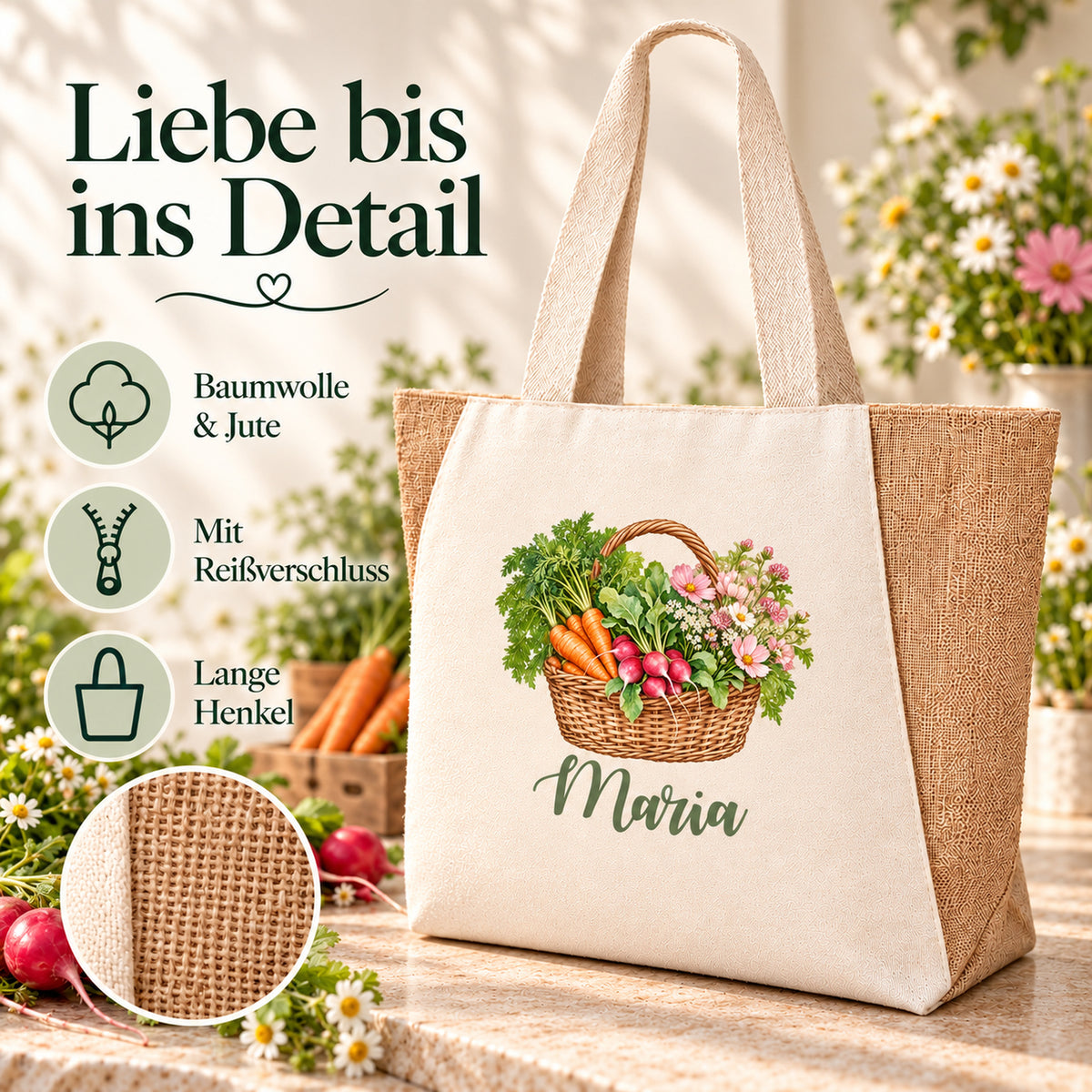 Shopper Sharma mit Radieschen, Möhren & Wiesenblumen und Wunschname – Übersicht der Taschendetails aus Baumwolle und Jute mit Reißverschluss.