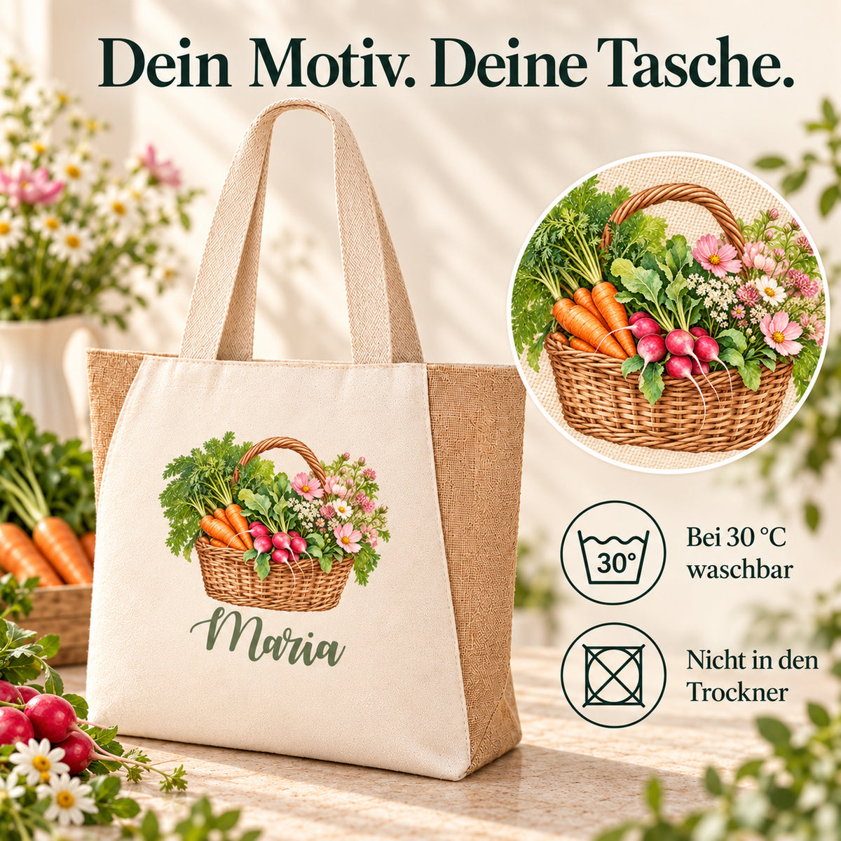Shopper Sharma mit Radieschen, Möhren & Wiesenblumen und Wunschname – Pflegehinweis: bei 30 °C waschbar, nicht im Trockner trocknen.