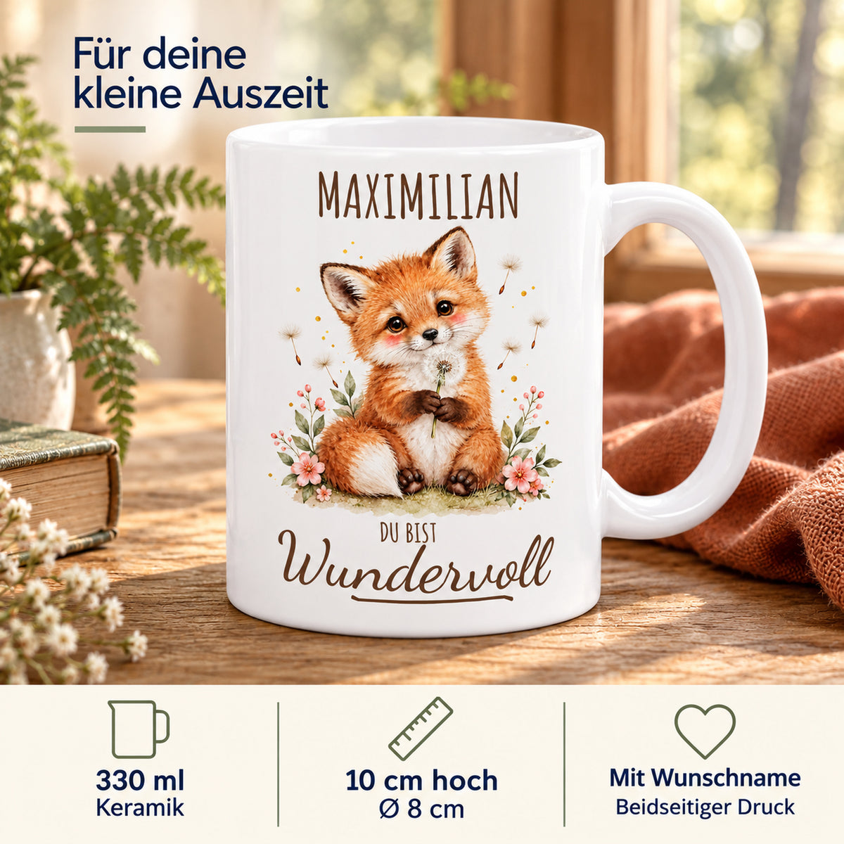 Produktdetails: weiße Fuchs-Tasse, 330 ml, mit Wunschname und Du bist Wundervoll – Beispielname Maximilian