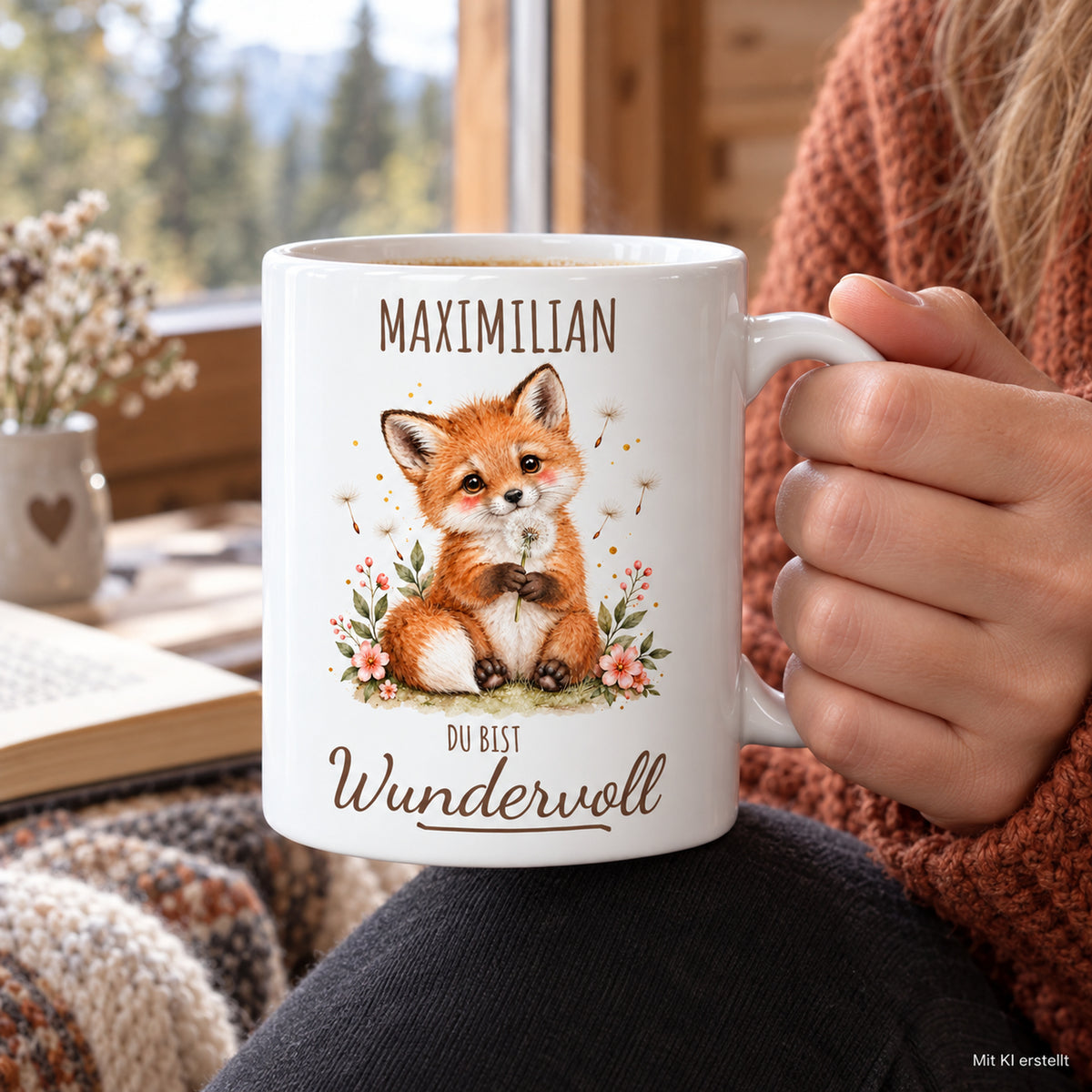 Nutzungsszene: weiße Fuchs-Tasse, 330 ml, mit Wunschname und Du bist Wundervoll – Beispielname Maximilian