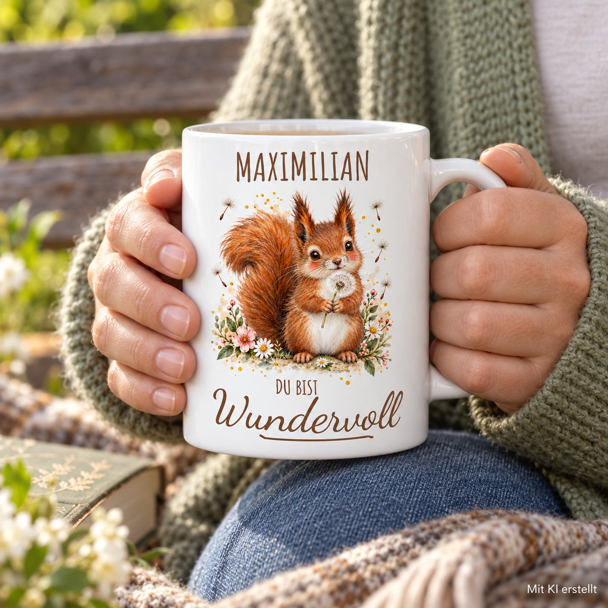 Nutzungsszene: weiße Eichhörnchen-Tasse, 330 ml, mit Wunschname und Du bist Wundervoll – Beispielname Maximilian