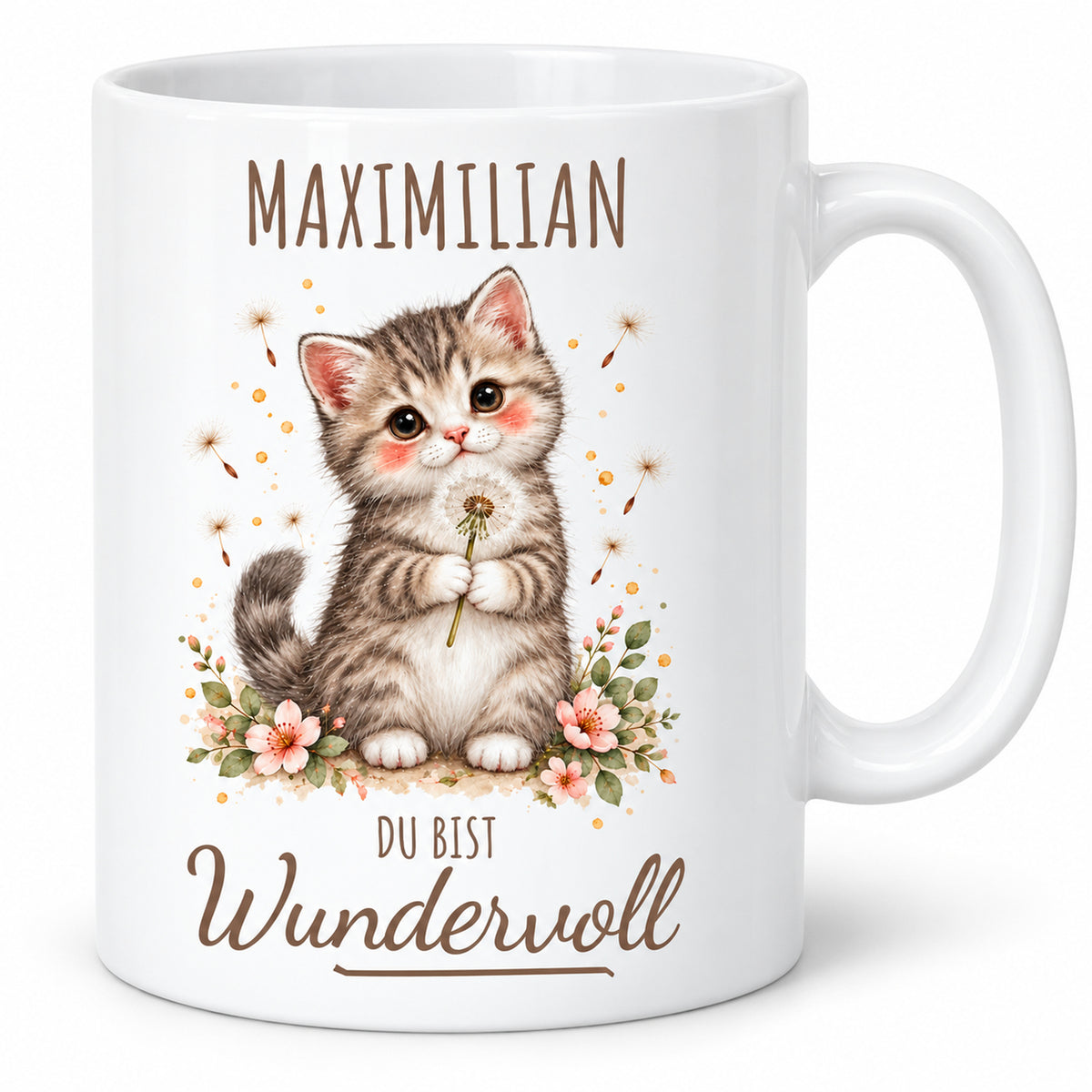 Hauptansicht: weiße Kätzchen-Tasse, 330 ml, mit Wunschname und Du bist Wundervoll – Beispielname Maximilian