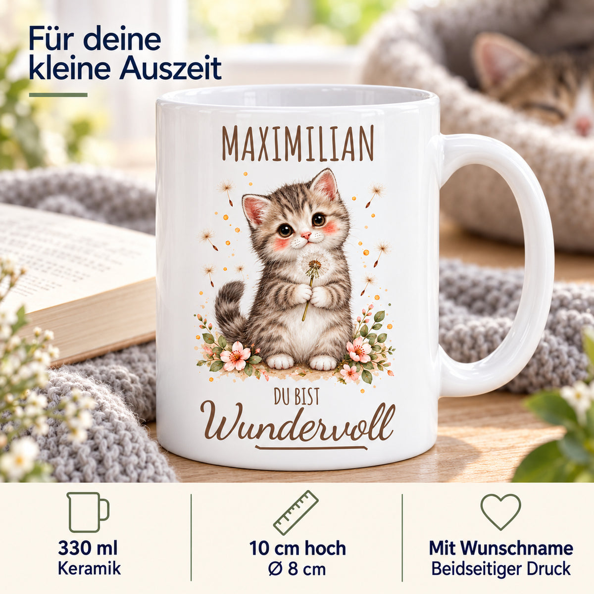 Produktdetails: weiße Kätzchen-Tasse, 330 ml, mit Wunschname und Du bist Wundervoll – Beispielname Maximilian