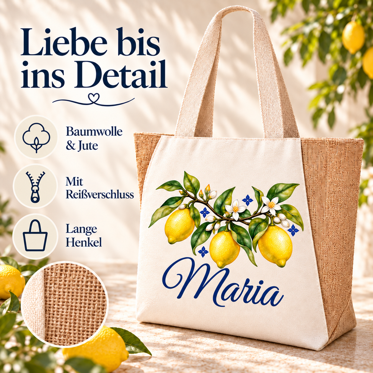 Personalisierter Shopper: Baumwolle und Jute, Reißverschluss und lange Henkel. Ein Kreis vergrößert die Jutestruktur.